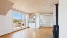 wooden floor, white walls, large windows, balcony, fireplace, kitchen with white cabinets