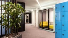 Modern office space with large potted plants, blue lockers, and a yellow sofa pod for private work or relaxation