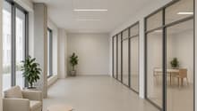 The image shows a modern, minimalist office space with a long hallway. The hallway has large windows along one side, providing natural light. The walls are painted in a neutral, light color, and the ceiling is covered with a grid of recessed lighting pane