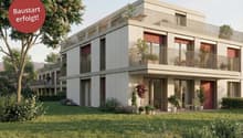 Modern white two-story apartment building, balcony, landscaped garden, large windows, front yard with plants