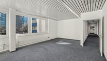 empty office room, white walls, ceiling with lines, radiators, windows, carpet