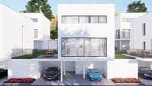2-story modern white house with large windows, garage, and parking space for 2 cars
