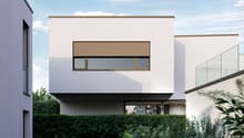 Modern 2-story house, white walls, large window, balcony, green bush, neighboring houses