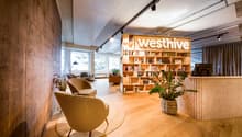 large wooden bookshelves, wicker chairs, round rug, desk, green plants, wooden counter, glass walls, windows
