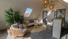 attic room with skylight, sofa, chairs, rug, table, potted plants, wooden furniture