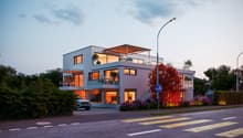 2 story house, white exterior, large windows, balcony, parking place