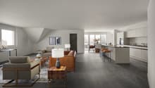 modern design living room with wooden furniture, central heating, white walls, high ceiling, open kitchen