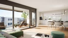 Open living space with sliding doors leading to balcony, hardwood floors, modern furniture, dining area, kitchen with white cabinets, white marble coffee table, green sofa, large windows