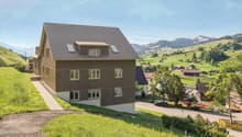 Modern house, brown exterior, large windows, located on a hill, surrounded by green fields and mountains