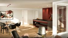 Dining room with wooden floor, modern furniture, red cabinets, kitchen island, dining table, chairs, artwork, pendant lights, glass door