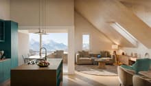 Open kitchen with dining area, living room with couch, coffee table, and rug, large windows with mountain view