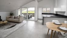 modern apartment with large windows, glass sliding door, balcony, dining table, kitchen island, sofa