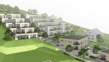 Aerial view of a residential building complex with multiple buildings, balconies, and green spaces
