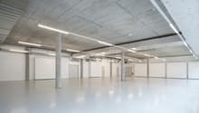 large empty room, white walls, industrial ceiling, concrete floors, several doors, fluorescent ceiling lights