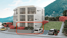 Apartment block, 5 floors, 5 apartments, parking area highlighted, landscaped area