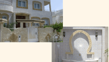 White facade, white windows, balcony on second floor, raised ground floor with intricate designs