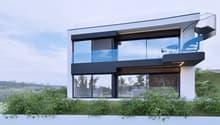 Contemporary 2-story house, glass walls, balcony, raised ground floor, spiral staircase, panoramic view