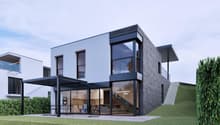 Modern design house, two floors, large windows, terrace with pergola, black metal chairs, green hedge