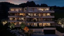 four story building, balconies on each floor, fireplace, garden, fire pit, trees