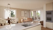 large window, sliding door, open balcony, white marble countertop, modern kitchen, dining table, modern lamps
