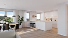 Dining room with a table and chairs, kitchen island, white cabinets, modern pendant lights, large windows, plants, wooden floor