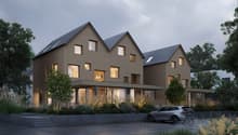 Modern 2-story house, brown exterior, large windows, solar panels, driveway, car parked, garden, trees
