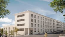 Modern white building, multiple windows, entrance, people walking, cars parked