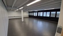 Empty room with white walls, gray floor, white ceiling with beams, large windows, and fluorescent lights