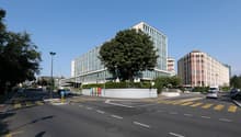 Modern office building, glass facade, multiple floors, surrounded by greenery, street with cars and pedestrians