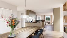 Dining room with wooden table, chairs, flowers in a vase, kitchen with island, open to living room, modern design, white walls, wooden floors, large windows