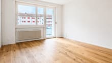 empty room, wooden floor, white walls, large window, balcony