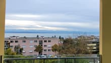 View from a balcony with a railing showing a cityscape with a lake in the background, surrounded by trees and buildings, with cars parked in front.