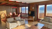 living room with wooden walls, wooden floor, large windows, dining table, sofa, armchairs, coffee table, television, rug, wooden cabinet
