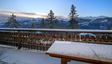 wooden fence, wooden table, snow, mountains, trees