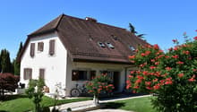 2 story house, white exterior, brown roof, multiple windows, bicycle parked in front, garden with red flowers