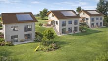 Two houses in a community, solar panels on the roof, terrace, ground floor, garden, swing, slide