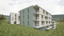 2-story apartment building, white exterior, multiple balconies, set on a hillside