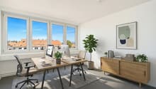 desk with computer, two office chairs, two lamps, potted plants, wooden cupboard, carpet