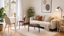 white walls, wooden floor, white couch, coffee table, dining table, chairs, radiator, plants, picture frame, lamp, balcony, view