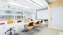 Modern office space with large conference table, yellow and black chairs, projector screen, and glass walls providing natural light