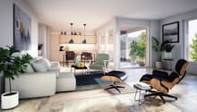 large sofa, two armchairs, coffee table, center table, potted plants, dining table, kitchen area, balcony