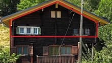 two story house, wooden exterior, slanted roof, wooden balcony, surrounded by plants
