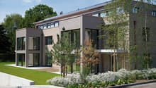 modern, gray, 2 story, large windows, solar panels, large balcony