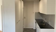 Modern kitchen with high-gloss white cabinets, a black granite countertop, a stainless steel sink, and a chrome faucet. Equipped with built-in appliances, ample storage space, and a sleek design. The kitchen is spacious and well-lit, with a ceiling lamp a