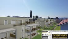 multi-story building, large balconies, green lawn, garden area, various outdoor dining areas