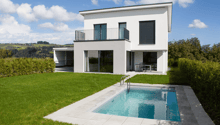 Modern 2 story white house, tiled roof, balcony, glass wall, swimming pool, grassy garden