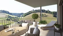 balcony with table and chairs, lounge, railing, plants, rural view
