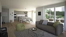 Open living space with dining table, chairs, sofa, coffee table, green beanbag chair, lamp, carpet, bookshelf, open kitchen with oven, stove, sink