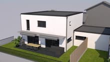 Modern white house with flat roof, awning over patio, patio with table, chairs, sofa, lawn, and fenced area