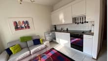 The image shows a studio apartment with an open-plan layout. The kitchen area features white cabinets, a built-in oven, and a tiled backsplash. The living area has a gray sofa with colorful throw pillows, a coffee table, and a framed artwork on the wall.